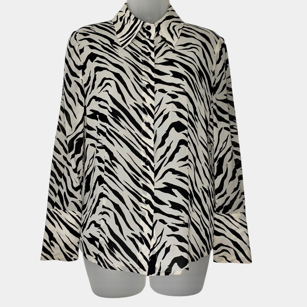ST JOHN Women's Tiger Animal Print Cream & Black Semi Sheer Blouse Top Y2K Sz 4‎